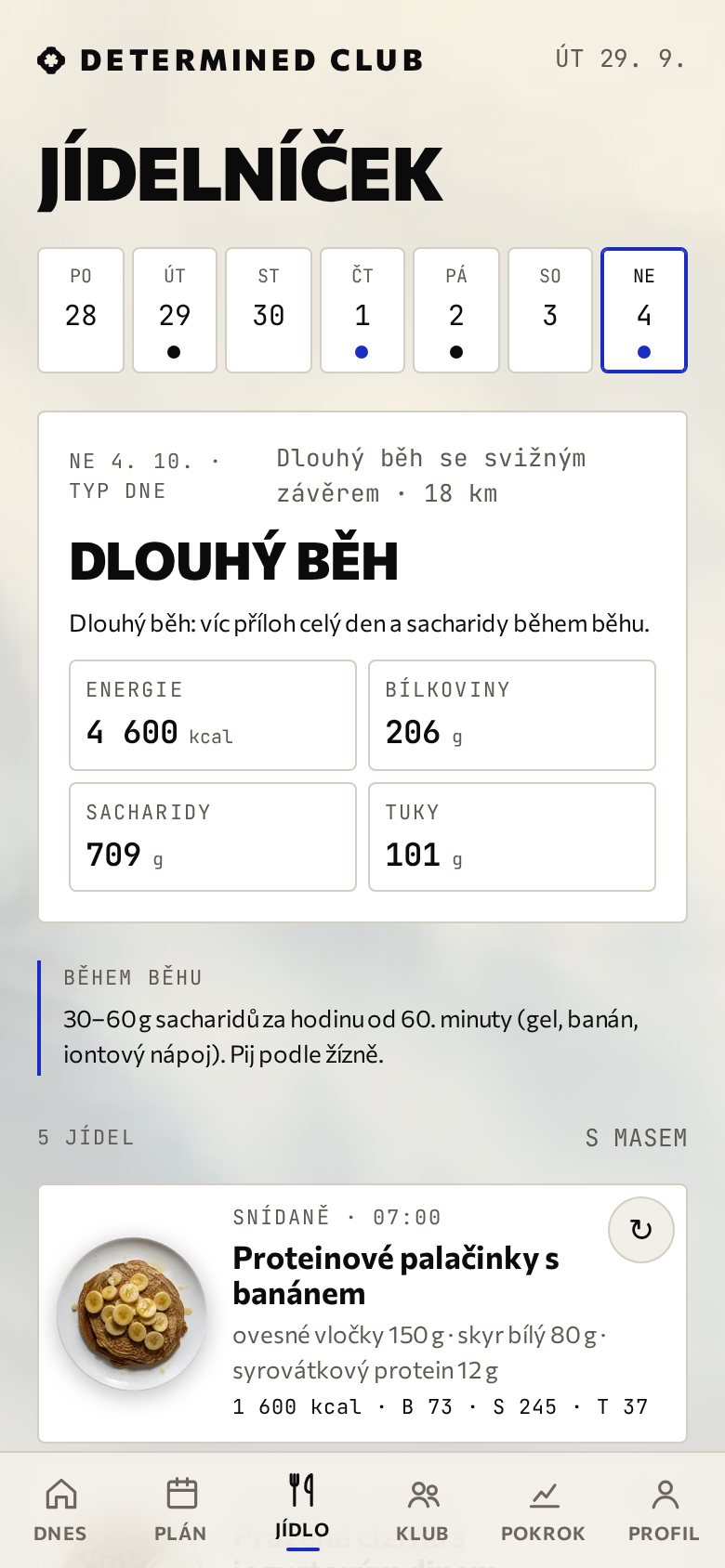 Jídelníček dne podle tréninku