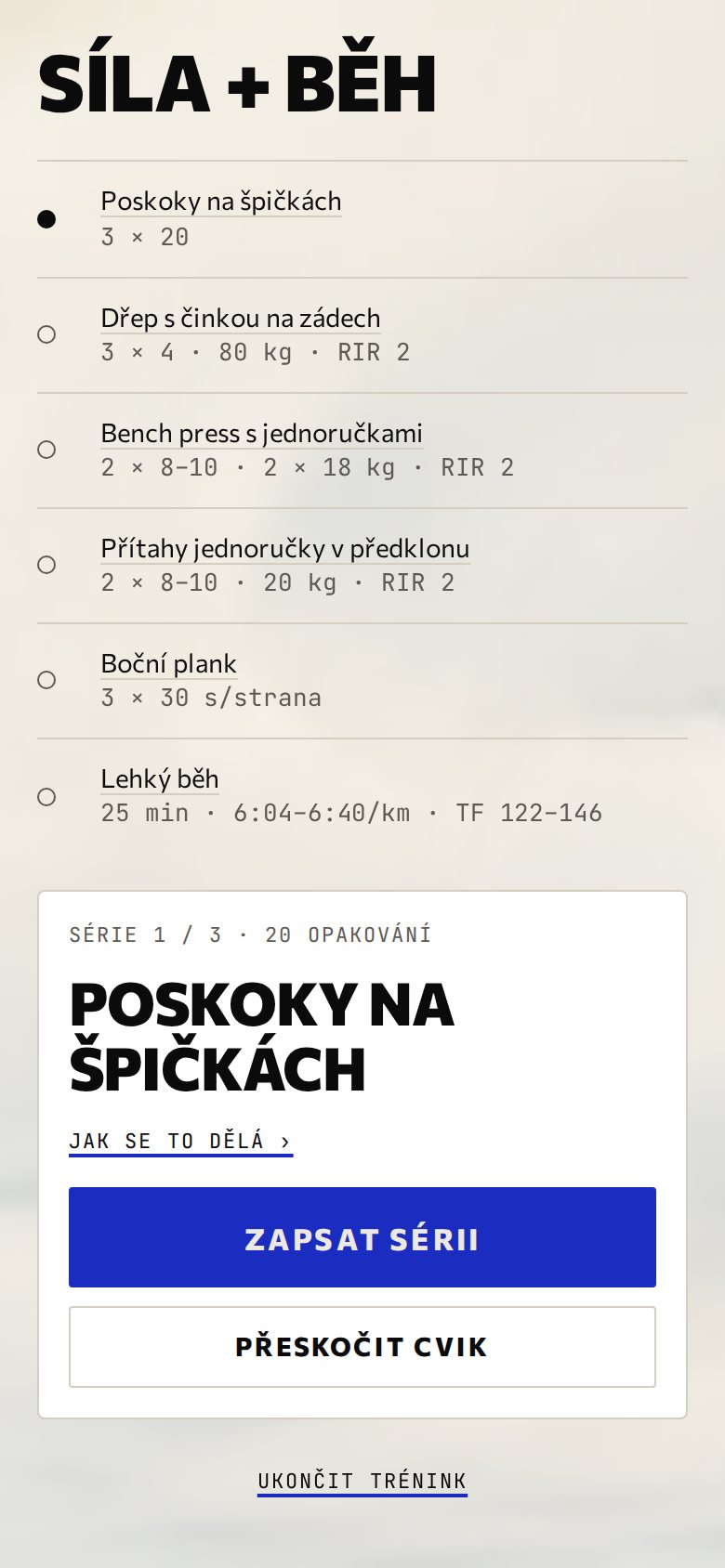Obrazovka Trénink